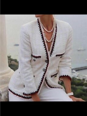 Zara White Tweed Blazer with Black and Burgundy Trim